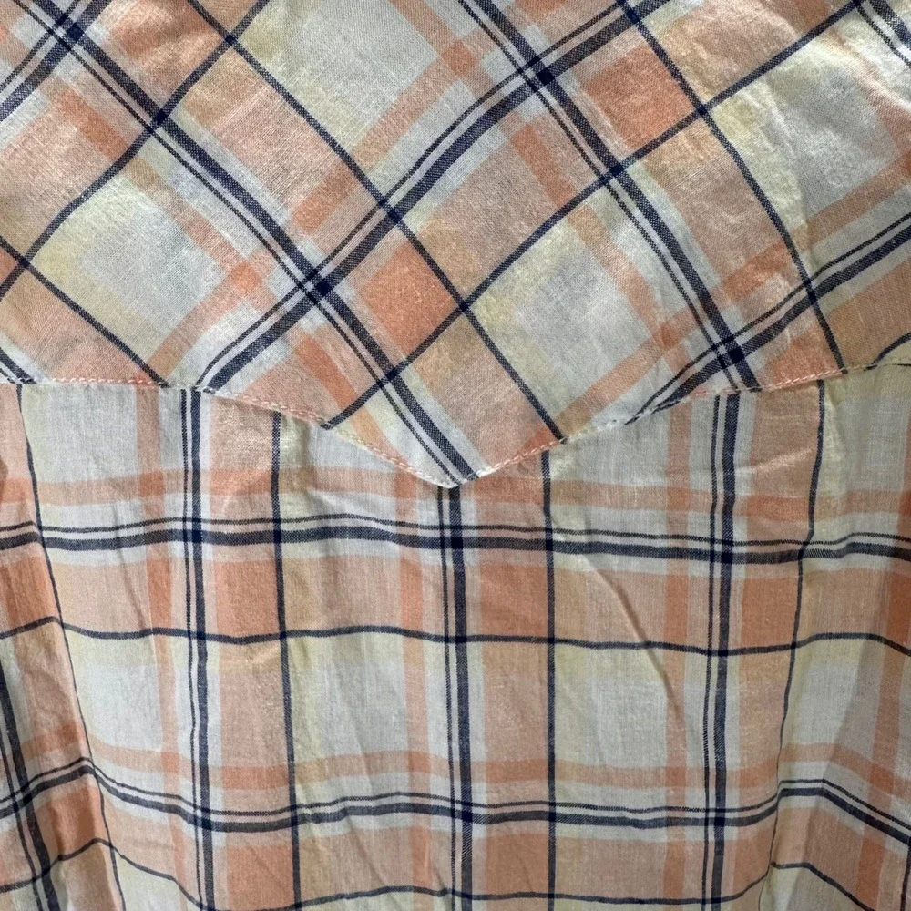 Twill Linen Plaid Peach Orange‎ Button Down Short Sleeve Shirt Mens Medium